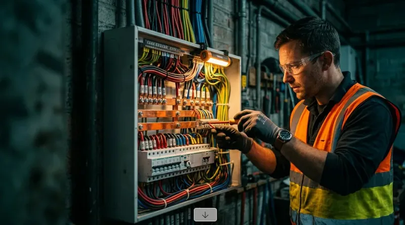 Licensed Maltese electrician working on a residential consumer unit installation